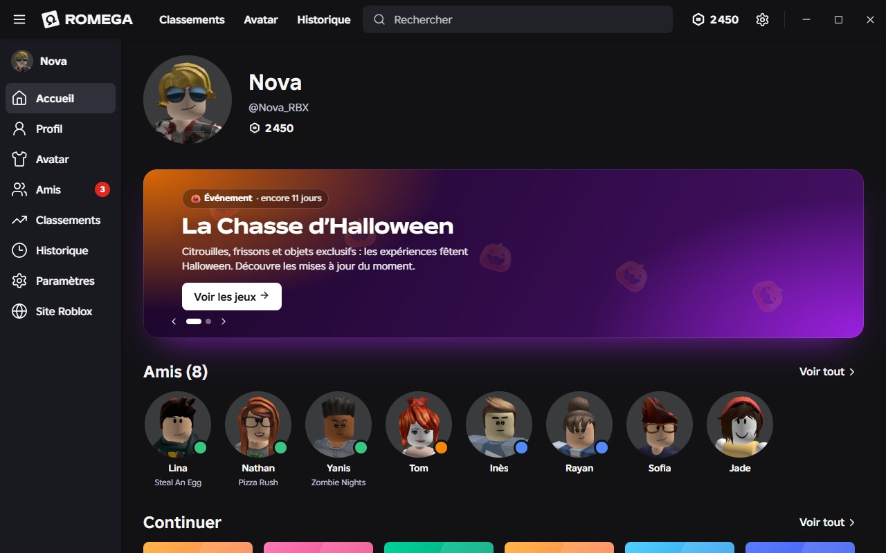 Accueil de Romega : profil, événement d’Halloween et amis en ligne