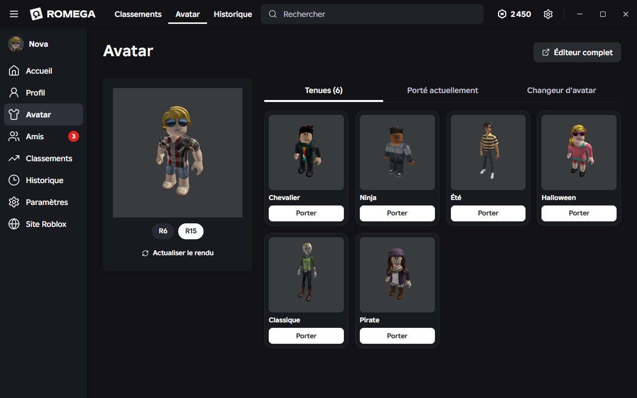 Page Avatar avec le rendu du personnage et les tenues enregistrées