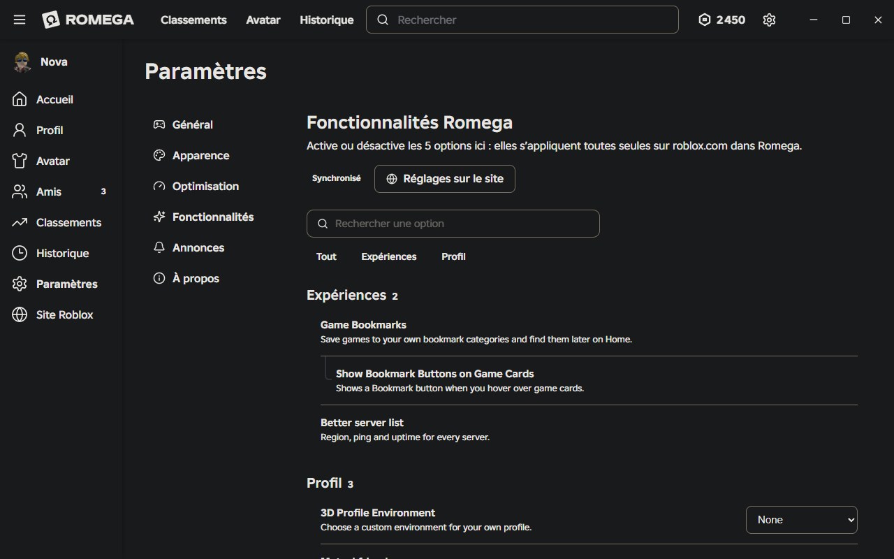 Page Fonctionnalités avec des interrupteurs par option
