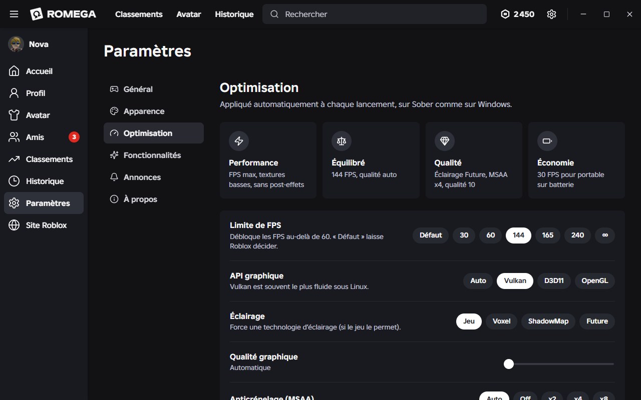 Page Optimisation avec la limite de FPS réglée à 144